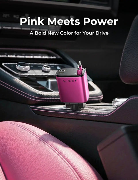 Retractable Car Charger Featuring 84W USB C Fast Power Dual Snakes in pink color, designed for center console use.