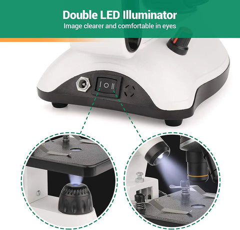Double LED illuminator on Kids And Adults Microscope Kit With 40X To 2000X Magnification, Dual LED Illumination, All Glass Optics