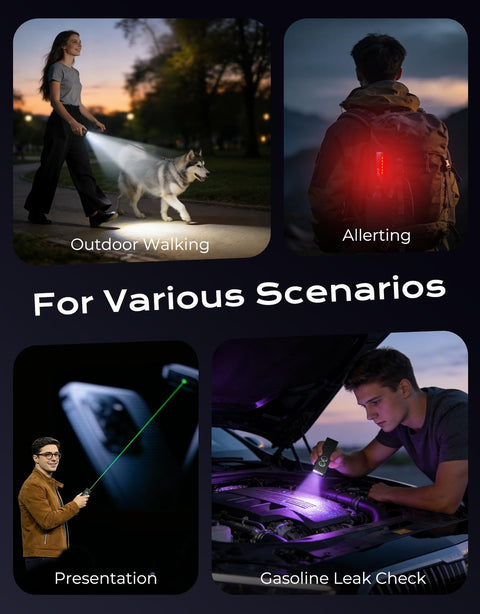 People using 1300LM EDC Pocket Flashlight With 5 In 1 Spotlight UV Green Beam Floodlight And Red LED Rechargeable Magnetic Clip in various scenarios