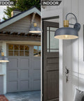 Outdoor Barn Light Gooseneck With Hammered Metal Shade In Gold Farmhouse Exterior Wall Mount Sconce For Porch Entryway And Garage Vintage Industrial Lighting Fixture Eco Friendly Wood Grain Accent 2 Pack showing outdoor and indoor use