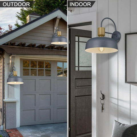 Outdoor Barn Light Gooseneck With Hammered Metal Shade In Gold Farmhouse Exterior Wall Mount Sconce For Porch Entryway And Garage Vintage Industrial Lighting Fixture Eco Friendly Wood Grain Accent 2 Pack showing outdoor and indoor use
