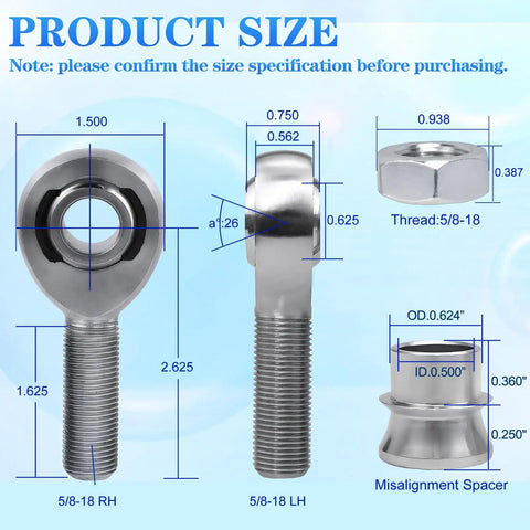 5/8-18 Heim Joint Rod End Set With Right And Left Hand Threads Includes Lock Nut Bushing Dope Weld-In Suspension Linkage Upgrade For Cars Trucks And UTVs, size chart