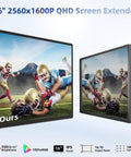 Front view of Laptop Screen Extender 16 Inch 2.5K Portable Triple Monitor 2560x1600 QHD IPS Display showing a vivid football scene.