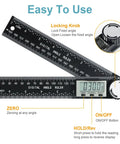 Digital Angle Ruler Protractor With 7 Inch And 200mm Scale showing lock knob, LCD display, and controls for easy angle measurement