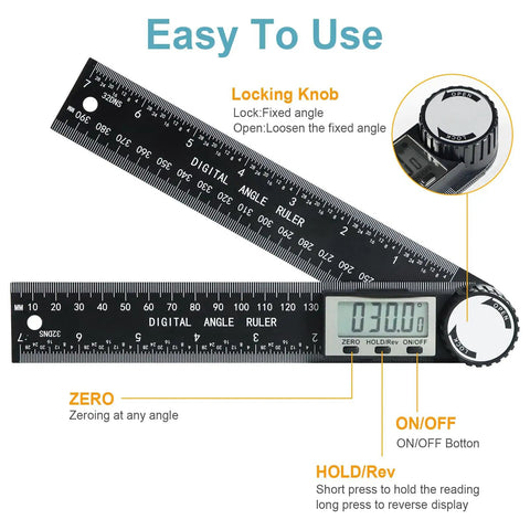 Digital Angle Ruler Protractor With 7 Inch And 200mm Scale showing lock knob, LCD display, and controls for easy angle measurement