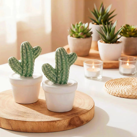 Ceramic Toilet Bolt Covers Decorative Bathroom Hardware Hand Painted Cactus Caps vibrant green cactus decor in white pots.