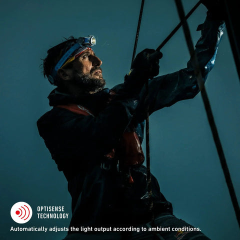 Man climbing at night wearing Rechargeable 1000 Lumen Headlamp With Bluetooth App Control, RGB Hunting Modes, Optisense Adaptive Beam, Aluminum Body, IP54 Waterproof Helmet Light