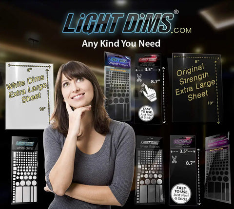 Various LightDims dimming sheets displaying sizes and shapes with maximum light dimming shapes for routers and electronics blocks 100 percent of light with self adhering black out edition indoor outdoor use peel and stick minimal packaging not for recording devices