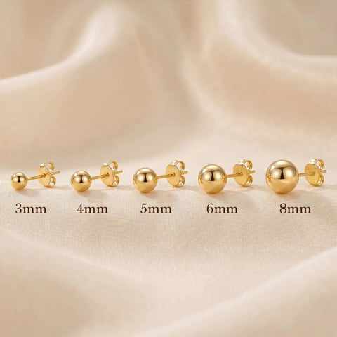 14K Gold Plated Ball Stud Earrings For Women Everyday Dainty Gold Ball Jewelry, 3mm-8mm sizes