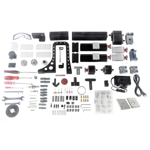 FTVOGUE 10 In 1 Mini Lathe Combo Machine Tool assembly parts include motors, tools, and components for diverse DIY projects.