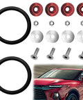 Universal Bumper Quick Release Fastener Kit For Front And Rear Bumpers, Trunk And Luggage Compartment Clips, Fenders And Car Parts, Red Quick Release Bumper Clips shown with hardware and components