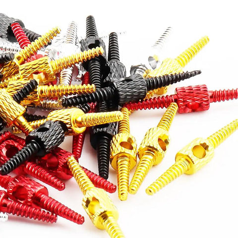 Colorful Bike Brake And Shift Cable Connectors Kit, 20 Pcs, 4 Color Set shown in black, red, gold, silver aluminum alloy connectors.
