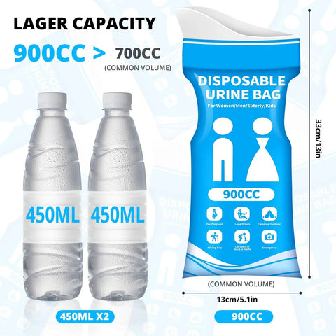 900Ml Portable Disposable Urine Bags 12 Pack For Travel And Car Rides with 900CC capacity next to water bottles