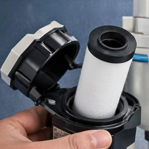 Hand holding AF40P-060S Replacement Air Filter Element for AF40 Series, visible in open filter housing, 5 micron nonwoven filtration.