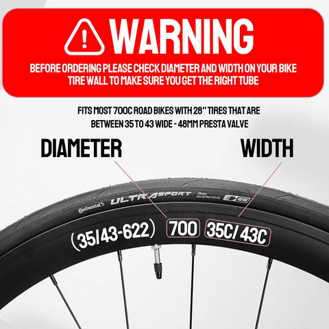 Go-To 2 Pack 700X35C To 700X43C Road Bike Inner Tubes With 48mm Presta Valve warning label and tire measurement guide