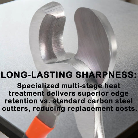 Heavy Duty 10 Inch Cable Cutters Featuring High Leverage Grip For Snipping 4/0 Aluminum And 2/0 Soft Copper Plus 100 Pair Com Cables Rock Solid For Electricians And Shop Guys, close-up of razor-sharp blade.
