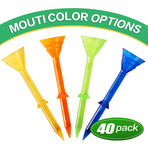 Ultra Durable Three And One Quarter Inch Plastic Golf Tees Forty Pack With Big Cup Design in four colors with 40 pack label.