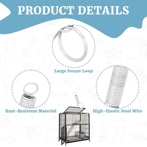 40-pack metal finger spring latch hooks for rabbit cages; rust-resistant steel and high-elastic wire, shown on a cage