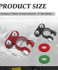 Heavy Duty Car Battery Terminals Including Positive And Negative Connectors For Rock Solid Connections Compatible With Trucks Boats And Daily Rides, showing red and black connectors with fiber washers.