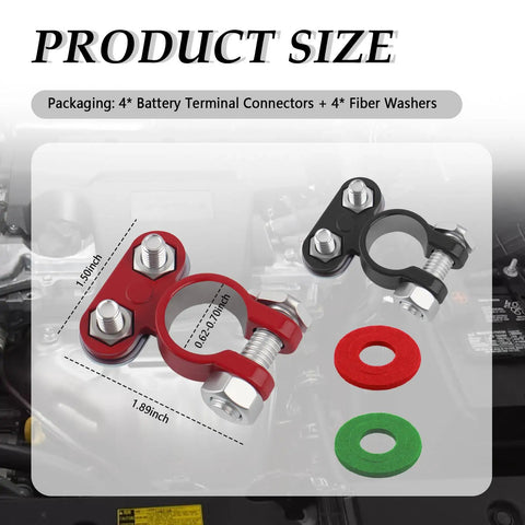 Heavy Duty Car Battery Terminals Including Positive And Negative Connectors For Rock Solid Connections Compatible With Trucks Boats And Daily Rides, showing red and black connectors with fiber washers.