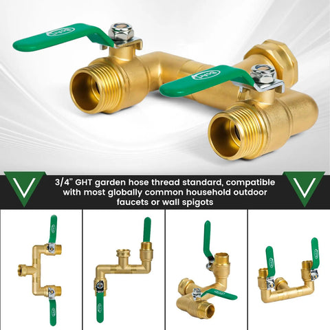 Beast Mode Heavy Duty Brass Garden Hose Splitter With 360 Degree Rotatable Joints Full Flow Large Ball Valve Long Handle Thickened Solid Brass Three Quarter Inch GHT Thread Ideal For Outdoor Faucets Lawn Irrigation And Car Wash, 3/4 GHT brass splitter