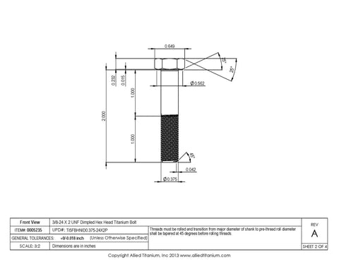 Top Shelf Grade Five Titanium Hex Head Bolts 3/8-24 By 2 Inch Unified National Fine Thread Pack Of Three technical drawing showing dimensions.