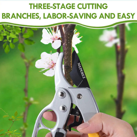 Premium German Pruning Shears Heavy Duty Garden Clippers cutting a branch in a garden