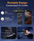 Upgraded Electric Air Duster Cordless shown with size comparison to a smartphone, showcasing compact portability for PC keyboard cleaning.