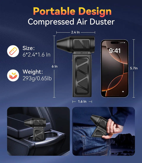 Upgraded Electric Air Duster Cordless shown with size comparison to a smartphone, showcasing compact portability for PC keyboard cleaning.