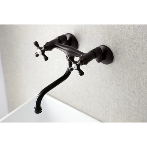 Two Handle Wall Mount Bathroom Faucet In Polished Nickel With Drip Free Ceramic Disc Cartridge, Adjustable Center Visible