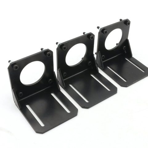 Three black steel Nema-23 motor brackets in front view with circular mounting holes, screws, and slotted bases