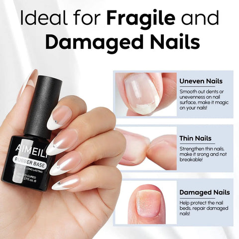 Hand holding Builder Nail Gel Kit 3Piece Rubber Base And Top Coat Set showing glossy finish on uneven, thin, and damaged nails.