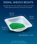 Disposable 100ml Weigh Boats 125 Pack Anti Static Square Trays with polystyrene material, shown with green particles.