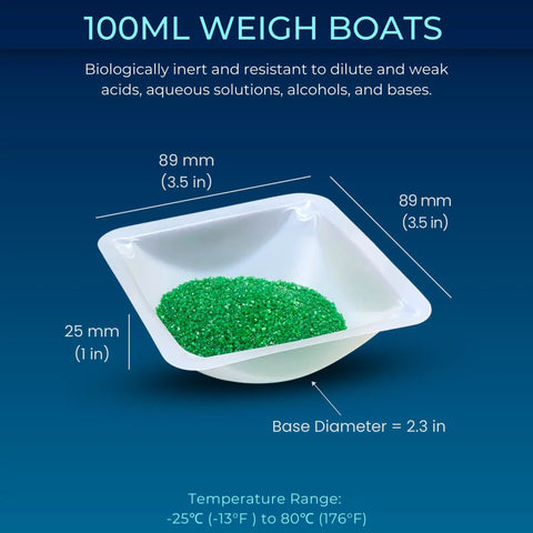 Disposable 100ml Weigh Boats 125 Pack Anti Static Square Trays with polystyrene material, shown with green particles.