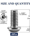 Built Tough 304 Stainless Steel Button Head Socket Cap Bolts 3/8 Inch X 5/8 20 Pack showing detailed dimensions and specifications.