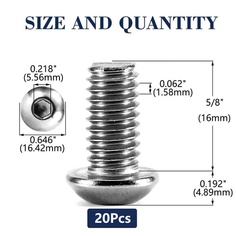 Built Tough 304 Stainless Steel Button Head Socket Cap Bolts 3/8 Inch X 5/8 20 Pack showing detailed dimensions and specifications.
