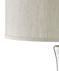 Close-up of round cloth hardback shade of Gourd Glass Table Lamp With Silver And Gold Crackle Finish, part of the metal base visible.