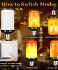 How to switch modes on Upgraded LED Flame Light Bulbs With 4 Modes Flickering Effect And Gravity Sensing For Realistic Fire Spread, E26 Base, Ideal For Indoor Outdoor Halloween Christmas Party Decor, Upside Down Flame Simulation, 4 Pack.