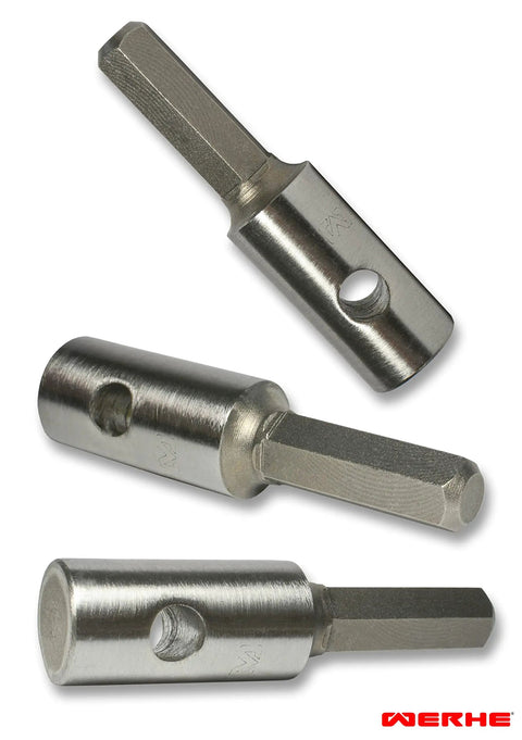 Earth Drill Adapter For Cordless Drills And Augers That Grips No Slip Hex And Keyless Chucks, three metal adapters