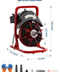 Electric Drain Cleaner Machine Built Tough Heavy Steel Core Sewer Snake Auger with specs and tools for clogs near drains.