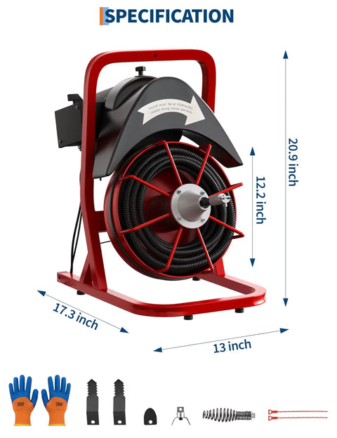 Electric Drain Cleaner Machine Built Tough Heavy Steel Core Sewer Snake Auger with specs and tools for clogs near drains.