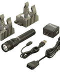 Strion DS HL 700-Lumen Rechargeable Flashlight Workhorse with dual-mode switches, AC charger, USB cable, grip ring, black