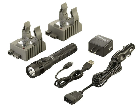 Strion DS HL 700-Lumen Rechargeable Flashlight Workhorse with dual-mode switches, AC charger, USB cable, grip ring, black