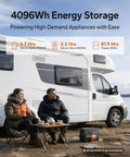 Compact 12V 320AH LiFePO4 Battery With Fast Self Heating Element For Rv Trailers Solar Setups And Marine Yachts next to campers enjoying tea outdoors.