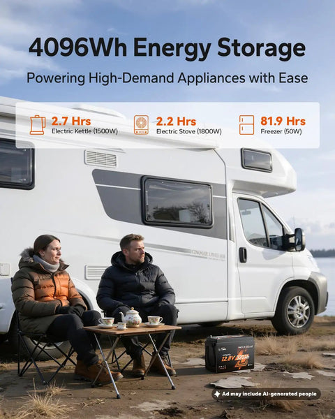 Compact 12V 320AH LiFePO4 Battery With Fast Self Heating Element For Rv Trailers Solar Setups And Marine Yachts next to campers enjoying tea outdoors.