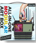 Portable All In One Miniature Painting Station With Wet Palette Tray, Brush Cleaner And Holders, Modular Storage For Warhammer Miniatures And Acrylics, Easy Setup For On The Go Painting, shown in box packaging with art supplies visible.