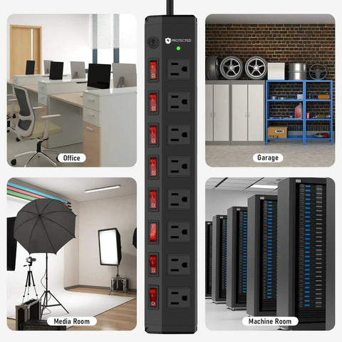 Heavy Duty 8 Outlet Power Strip With Individual Switches, 1200 Joules Surge Protection, 6 Foot Cord, Black, Wide Spaced Plugs, Dope for Home Office, Entertainment Setup, and Multi Device Charging power strip with red switches