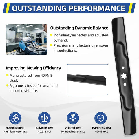 Beefy High Lift Mower Blade Set For 42 Inch Deck Riding Mowers Compatible With Cub Cadet Troy Bilt Bronco Pony Mustang 94204308 94204308A 94204308X 94204312 74204312 2 Pack, showing steel composition and precision manufacturing for performance.
