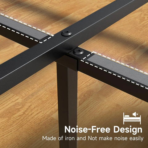 Close-up of Modern Queen Bed Frame With Solid Wood Headboard And Metal Platform Base showing noise-free iron construction.