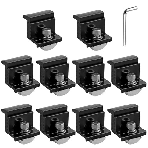 Heavy Duty Solar Panel End Clamps 10 Piece Kit Adjustable 30 To 50 Millimeter Roof Brackets shown in black aluminum with stainless hardware.